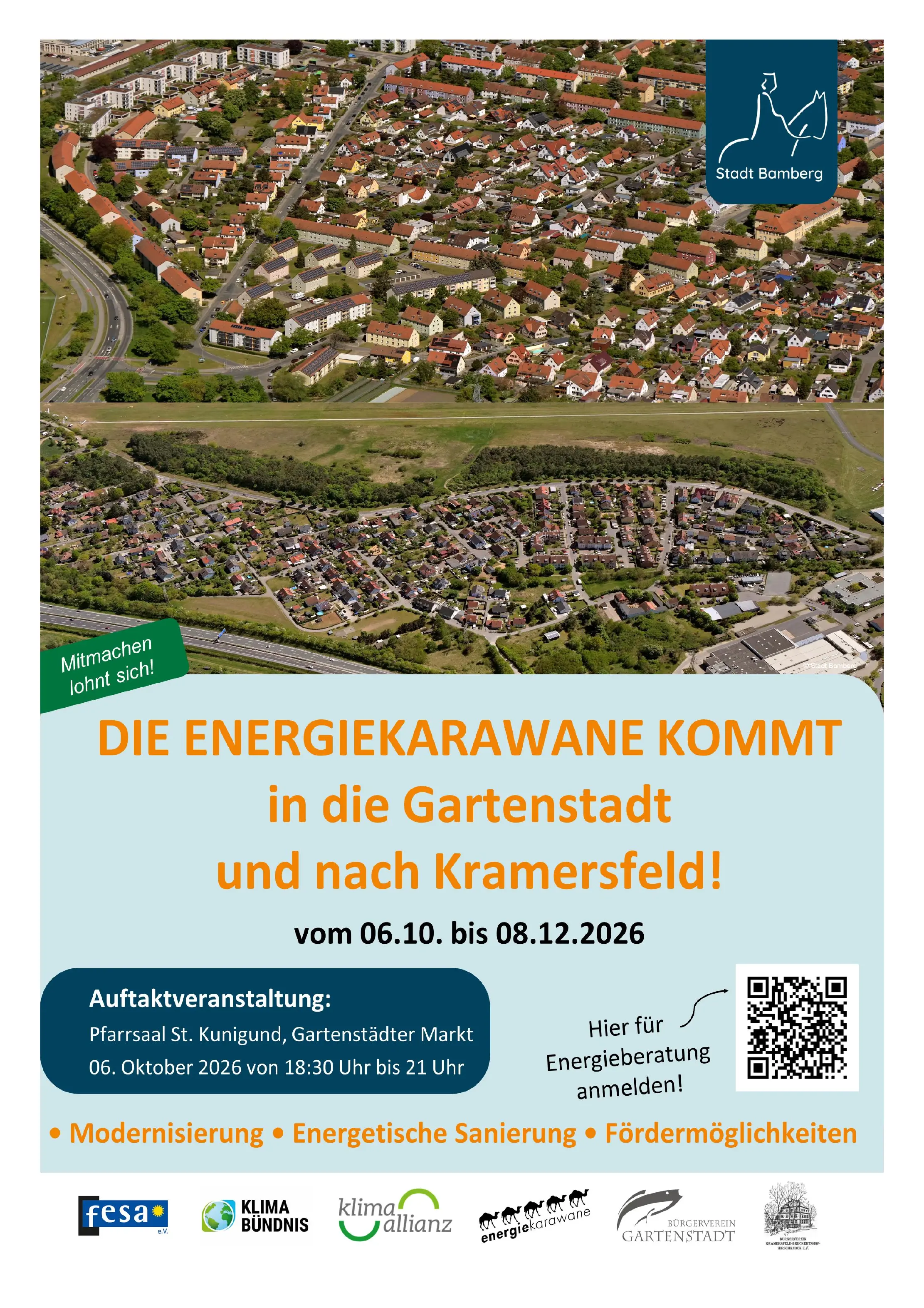 Offizielles Plakat der Stadt Bamberg zur Energiekarawane in Gartenstadt und Kramersfeld mit QR-Code zur Anmeldung